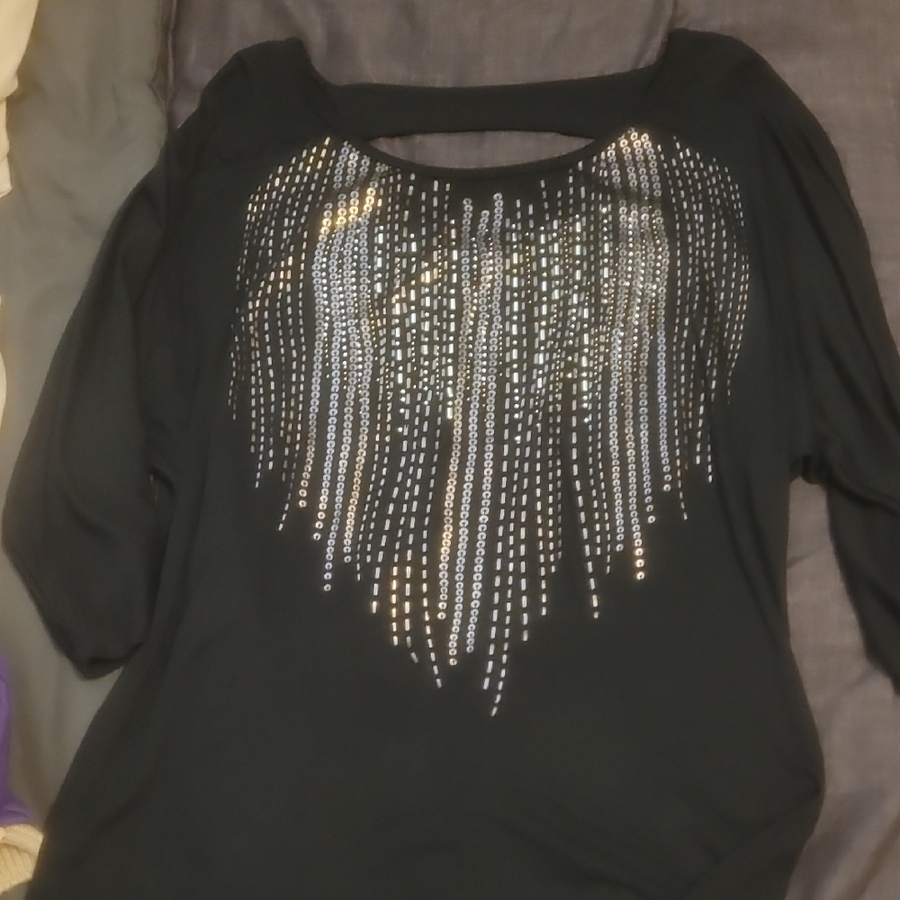 B.L.E.U. Black and Silver Embellished 3/4 Sleeve Blouse